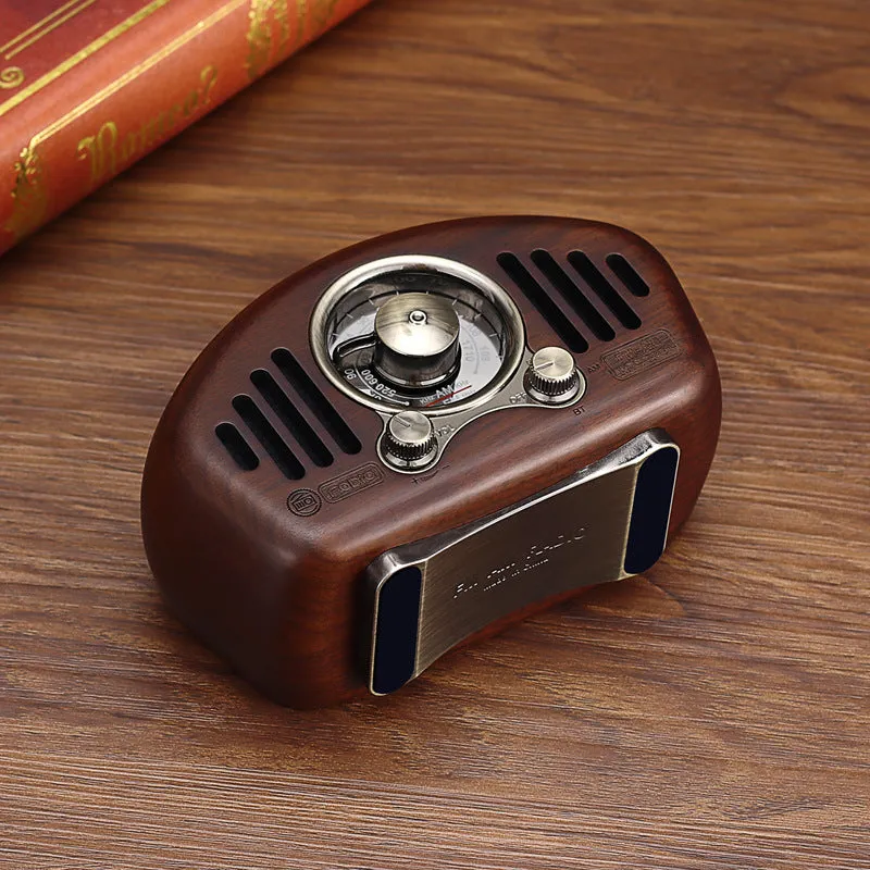 FMAM portable Bluetooth speaker in walnut finish with USB interface and control buttons