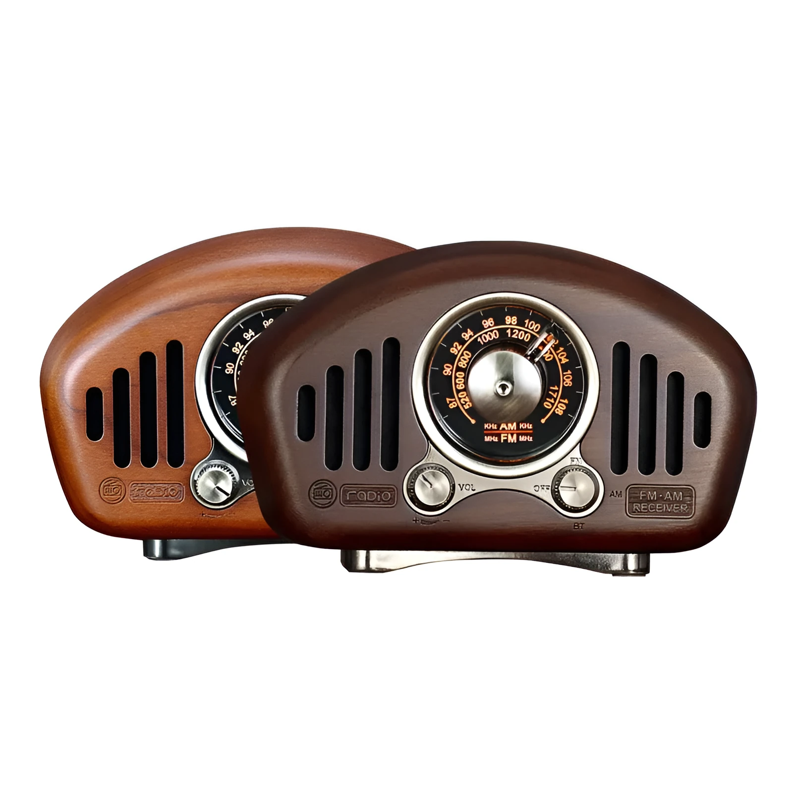 FMAM portable Bluetooth speaker in walnut finish with USB interface and control buttons