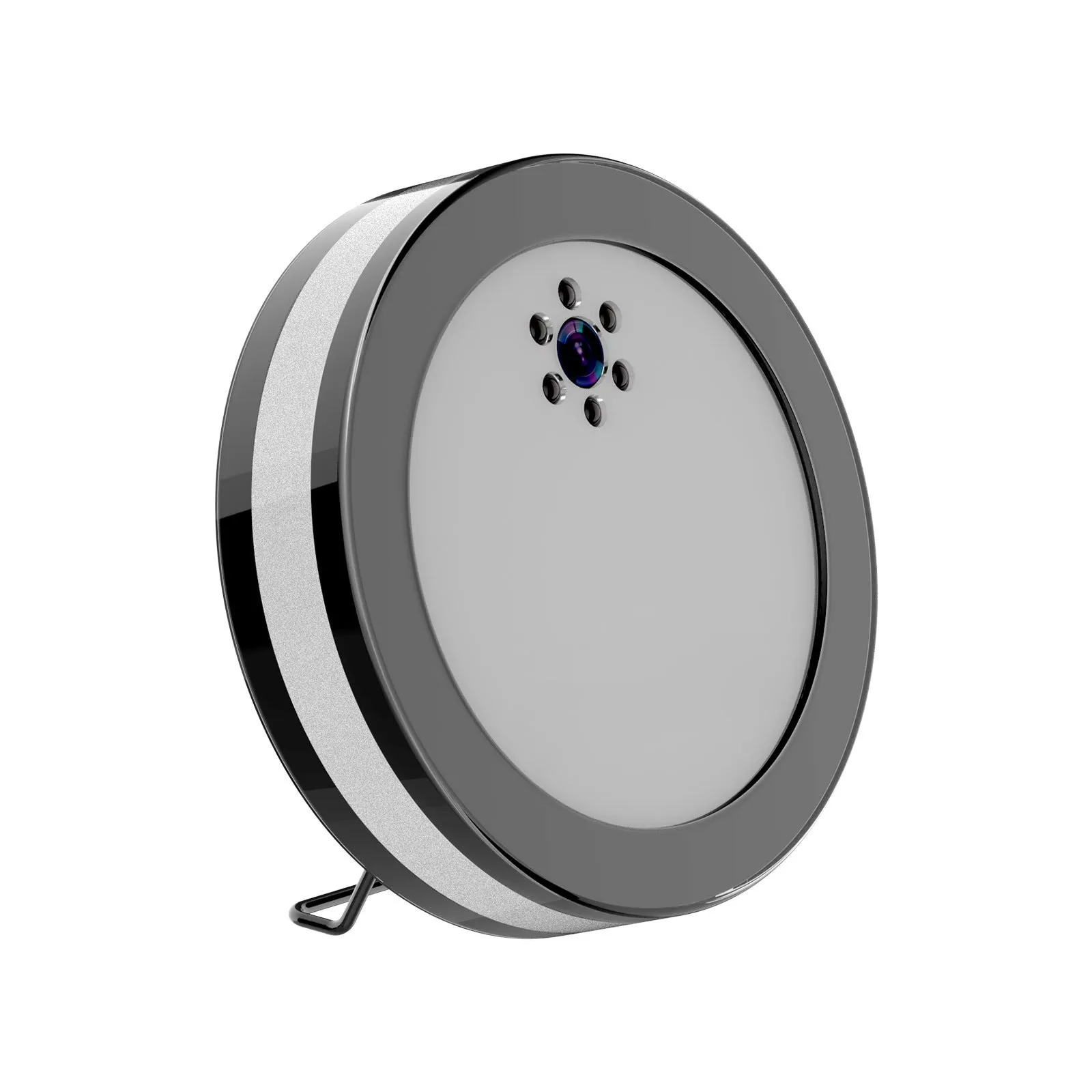 Wireless smart surveillance camera in black with night vision and voice conversation, compact size 15 by 15 by 4 cm