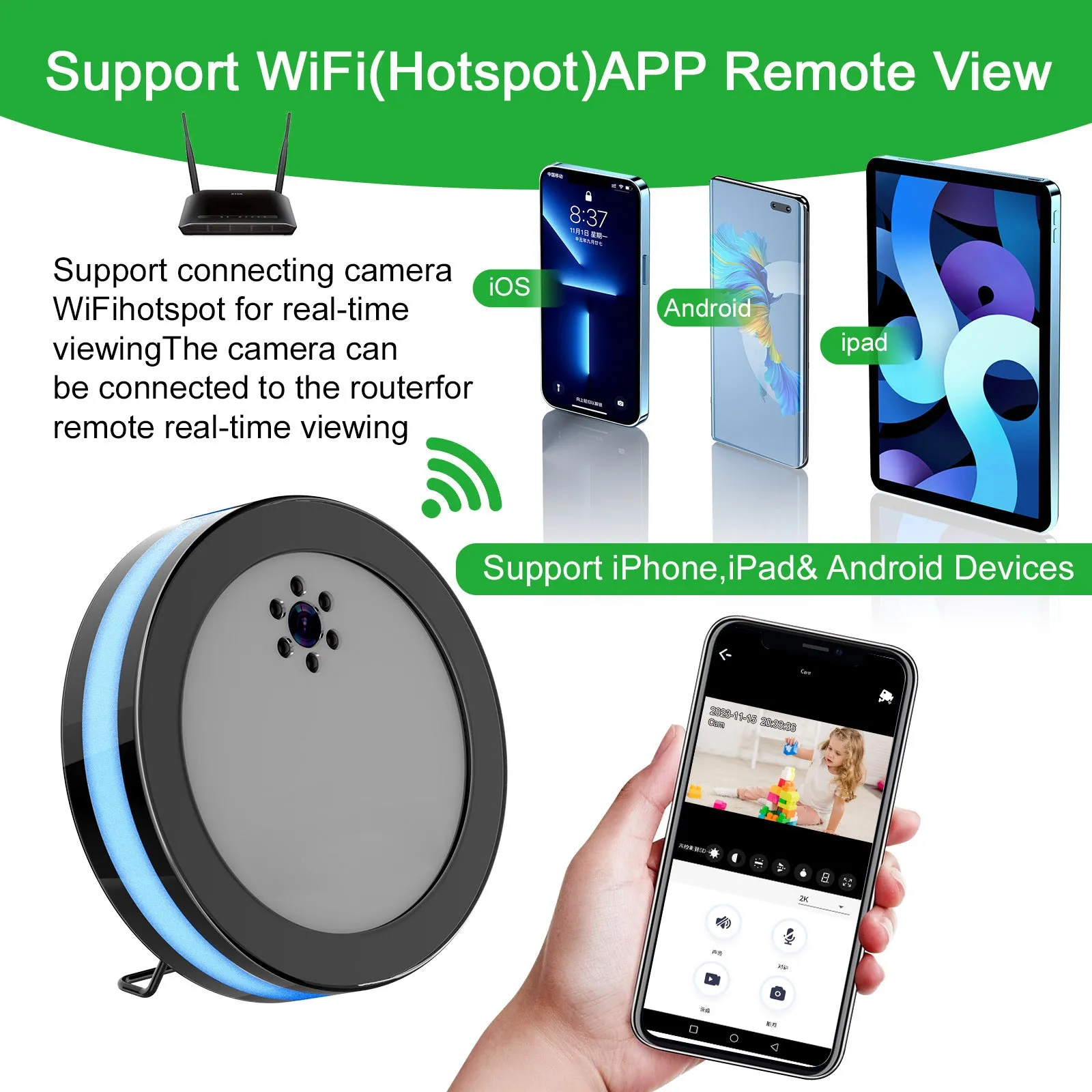 Wireless smart surveillance camera in black with night vision and voice conversation, compact size 15 by 15 by 4 cm