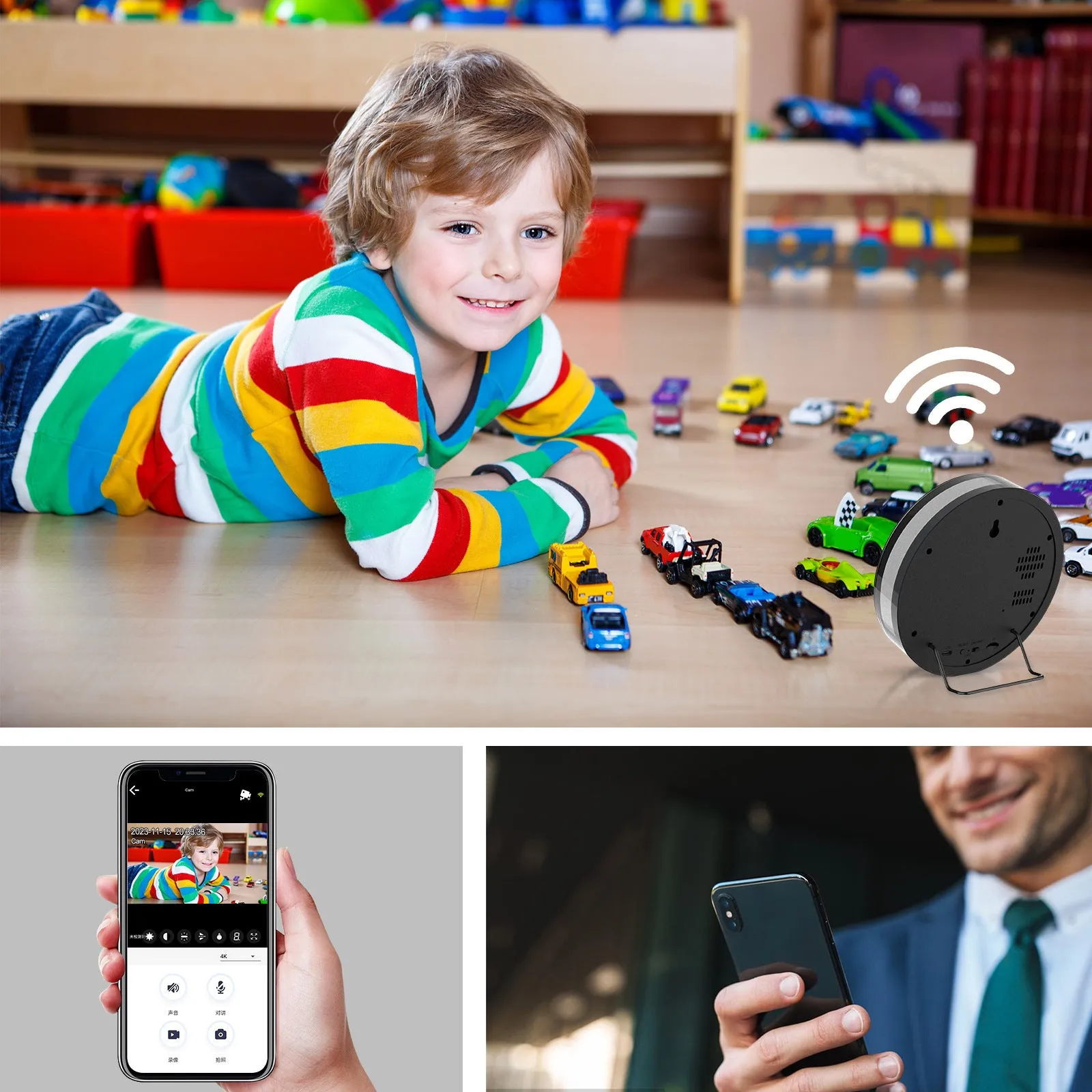 Wireless smart surveillance camera in black with night vision and voice conversation, compact size 15 by 15 by 4 cm