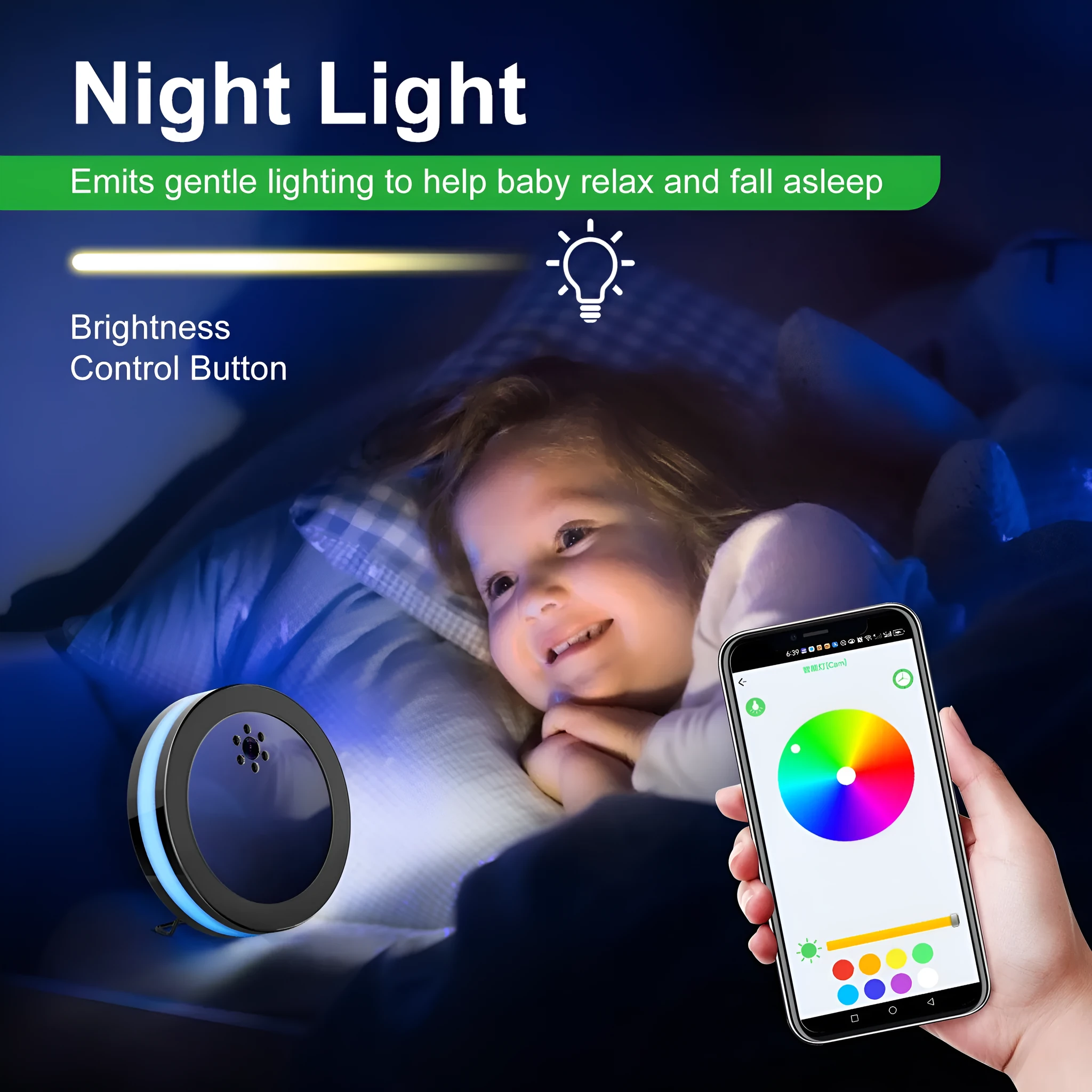 Wireless smart surveillance camera in black with night vision and voice conversation, compact size 15 by 15 by 4 cm