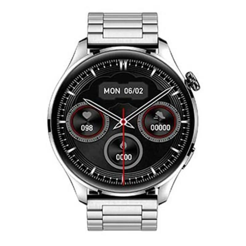 Smart watch with round colour touchscreen on a black silicone strap, showing access control and calling functions.