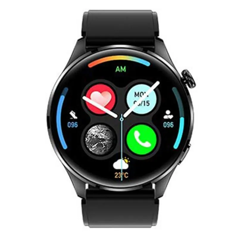 Smart watch with round colour touchscreen on a black silicone strap, showing access control and calling functions.