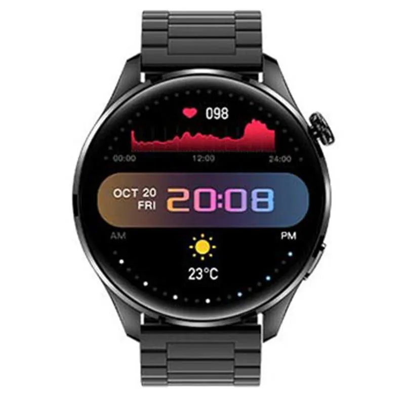 Smart watch with round colour touchscreen on a black silicone strap, showing access control and calling functions.