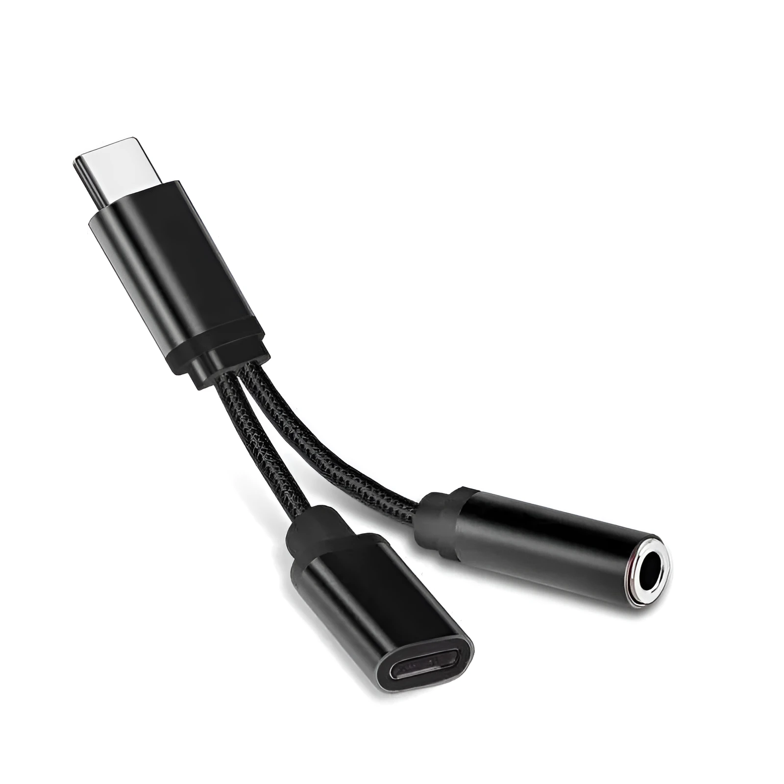 USB-C to 3.5mm headphone adapter cable in black with Type-C connector on one end and audio jack on the other