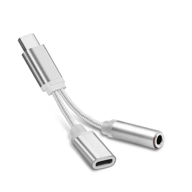 USB-C to 3.5mm headphone adapter cable in black with Type-C connector on one end and audio jack on the other