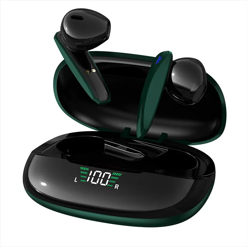 Y2 Green wireless Bluetooth headset with charging case showing low latency gaming earphones
