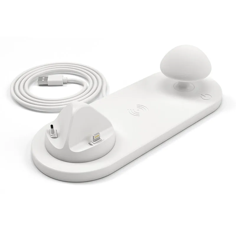 White 3 in 1 wireless charging dock with a phone on the pad and USB cable