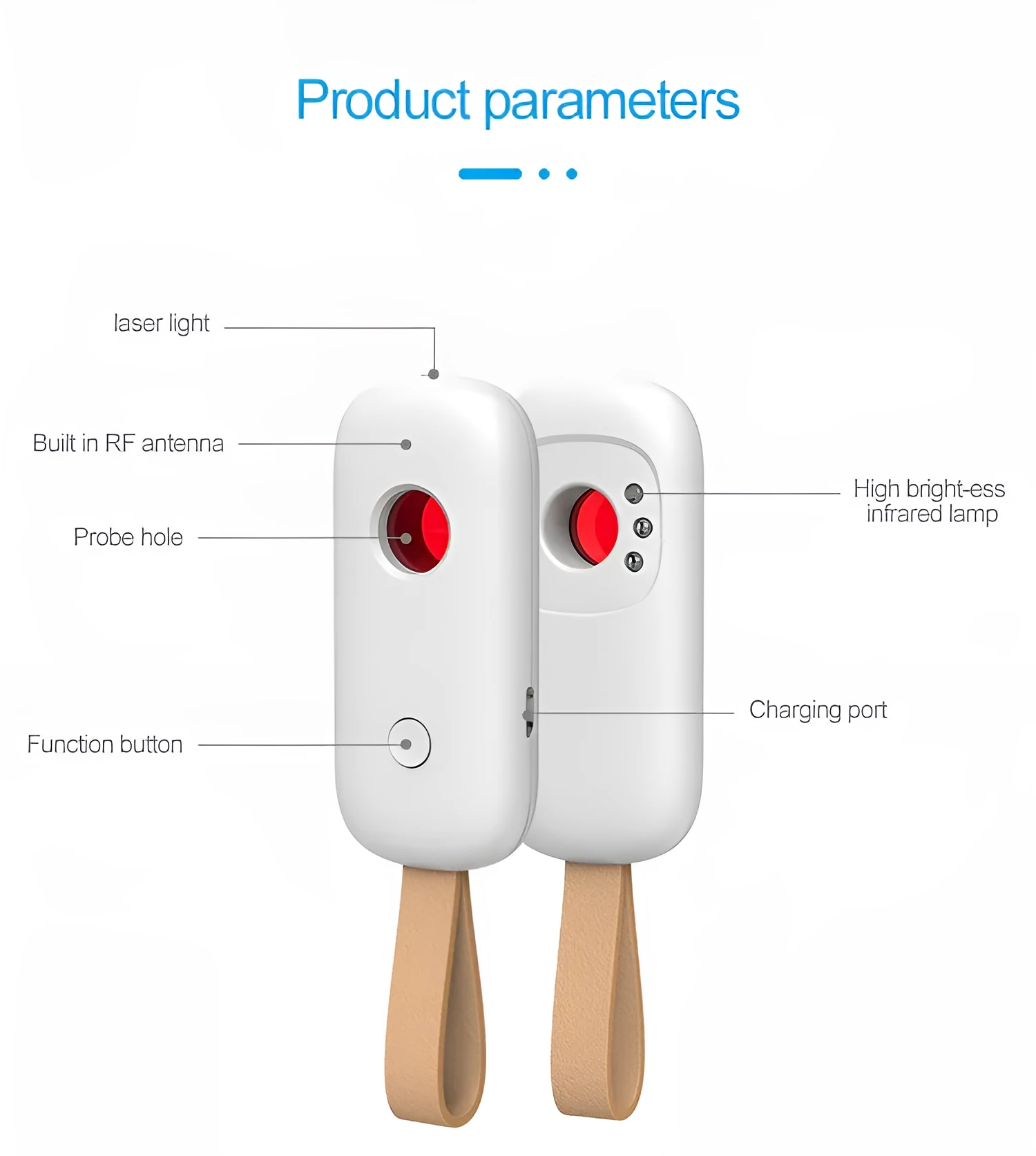 White New-T6 anti-sneak camera detector with ABS casing, 77x34x15mm, alarm mode for 50-3G MHz monitoring