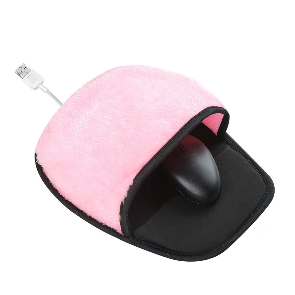 USB heated mouse pad with built-in warmer in black and pink on a desk