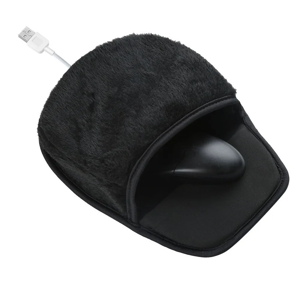 USB heated mouse pad with built-in warmer in black and pink on a desk