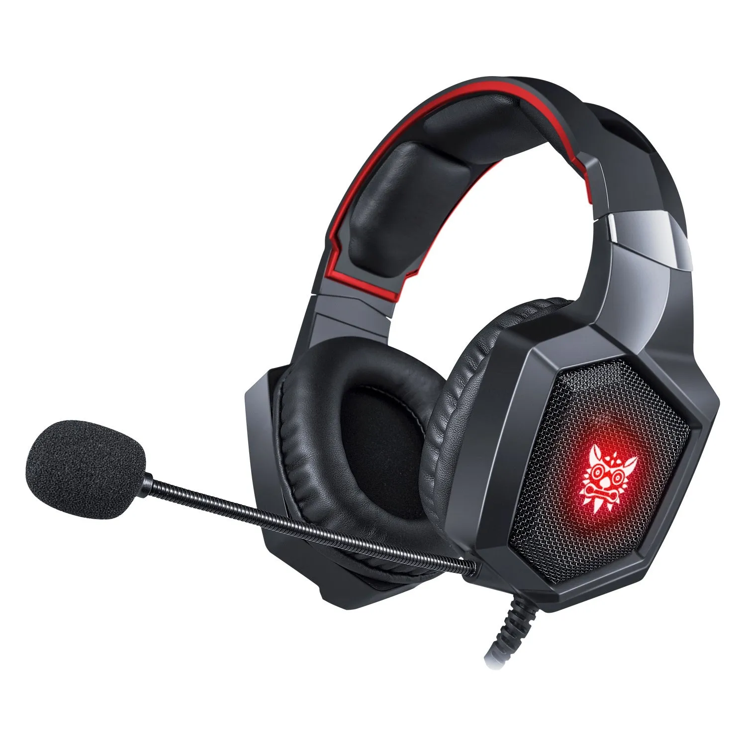 ONIKUMA K8 gaming headset with black RGB colour and imitation protein skin earmuffs on a dark background