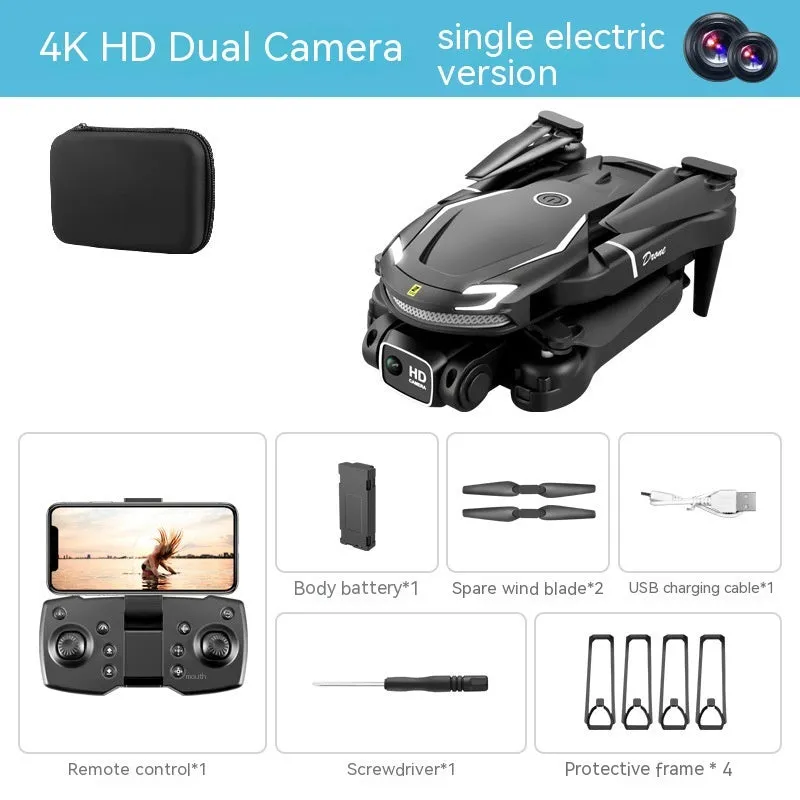 V88 UAV drone with 4K dual camera in black, folded size 13x8x6cm and unfolded 30x25x6cm