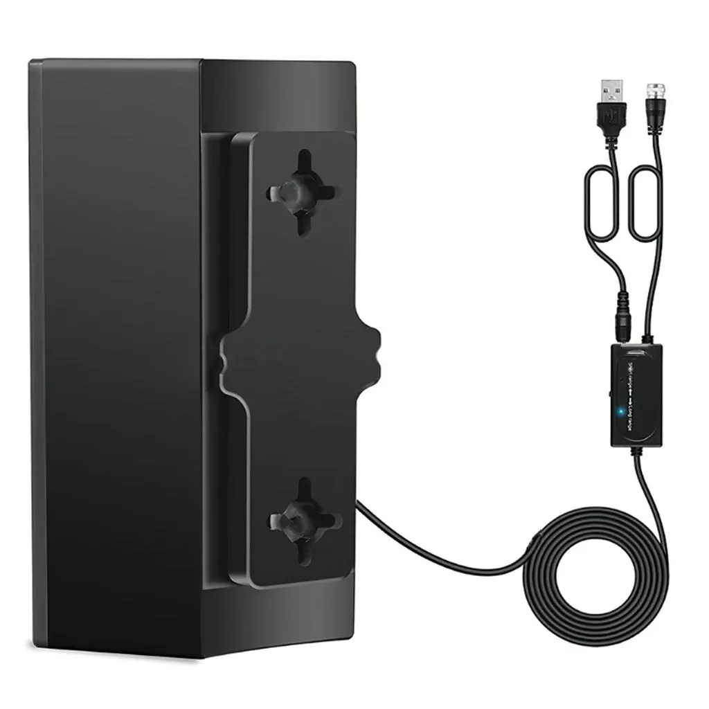 Black plastic indoor HD digital television antenna with mounting accessories including screws and expansion tubes.