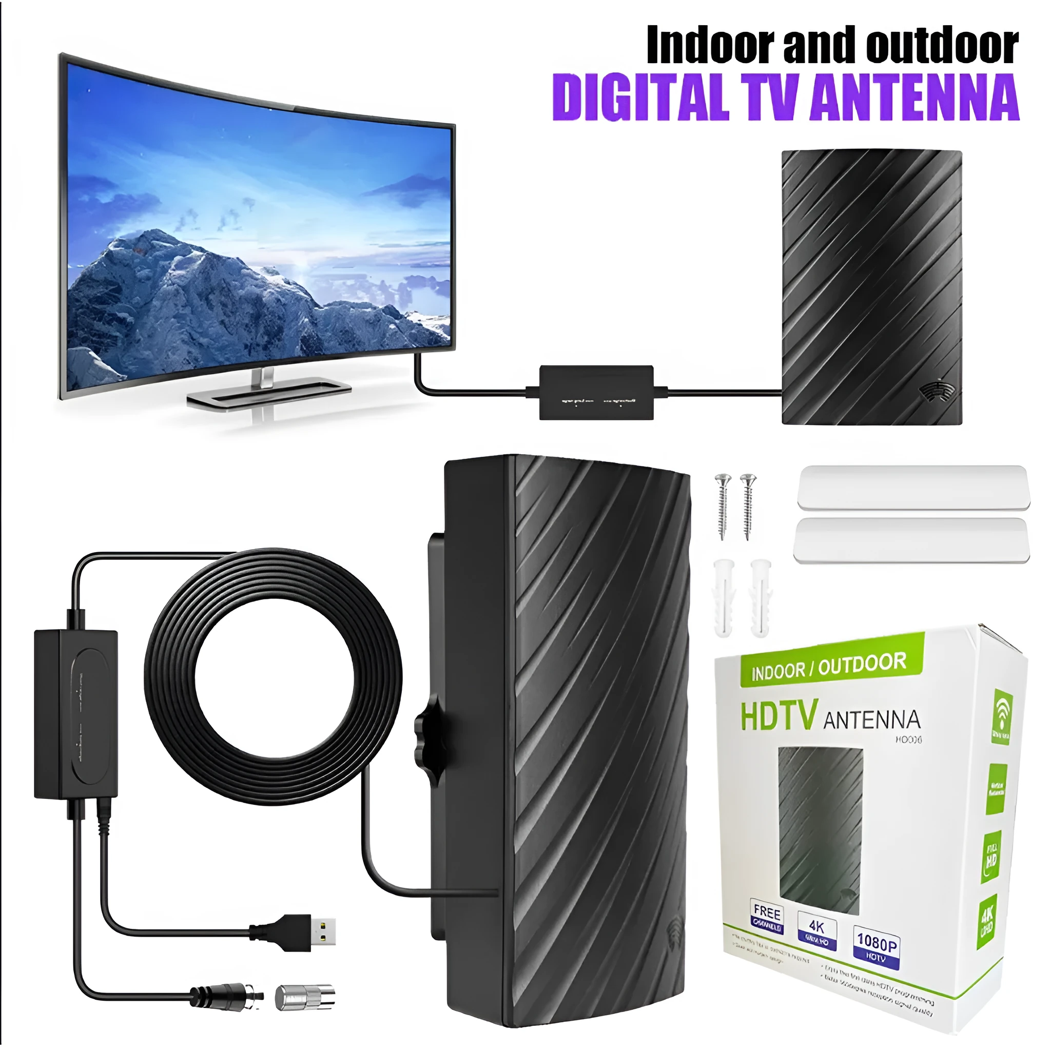 Black plastic indoor HD digital television antenna with mounting accessories including screws and expansion tubes.