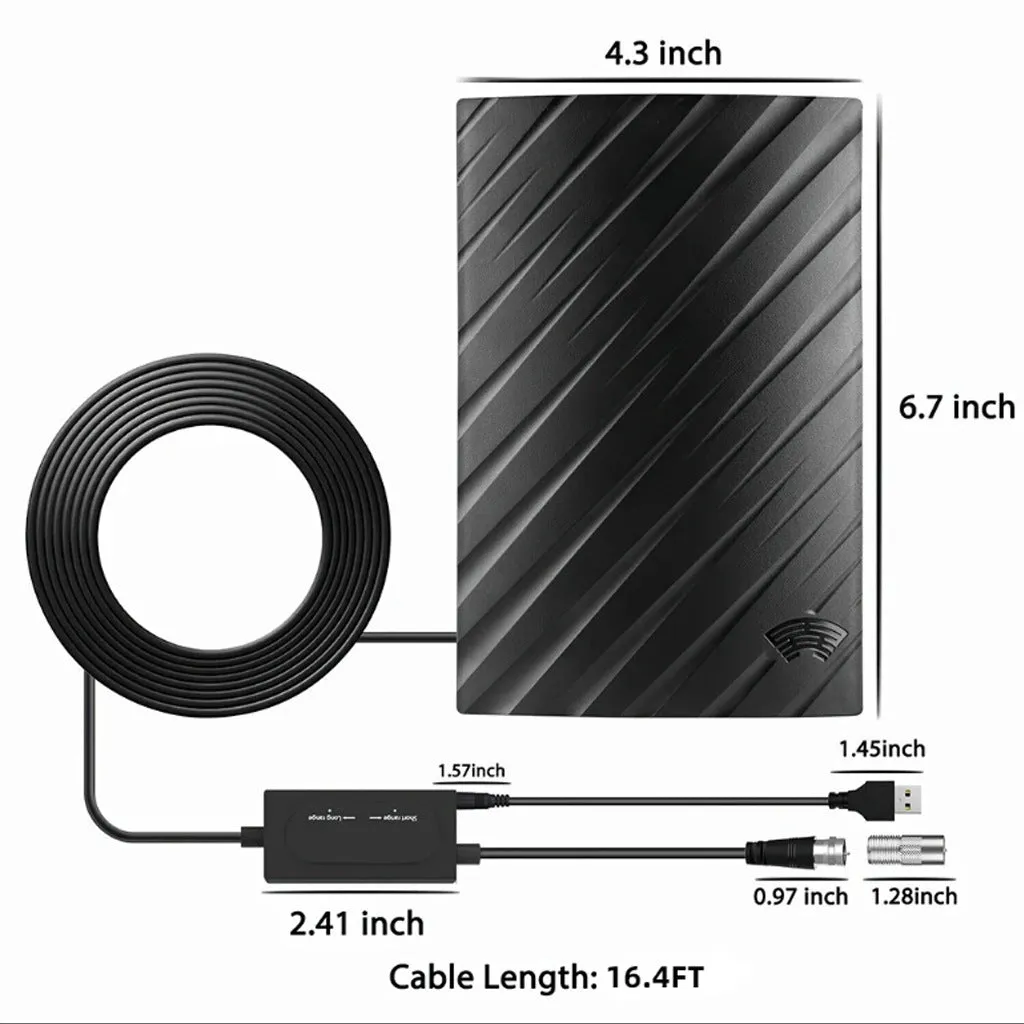 Black plastic indoor HD digital television antenna with mounting accessories including screws and expansion tubes.