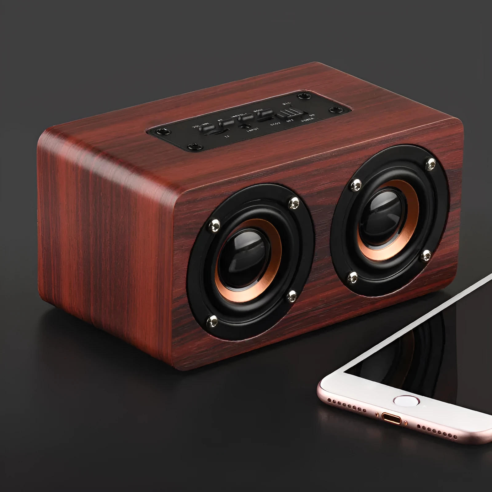 Wireless Bluetooth speaker W5 with wooden shell in redwood grain finish