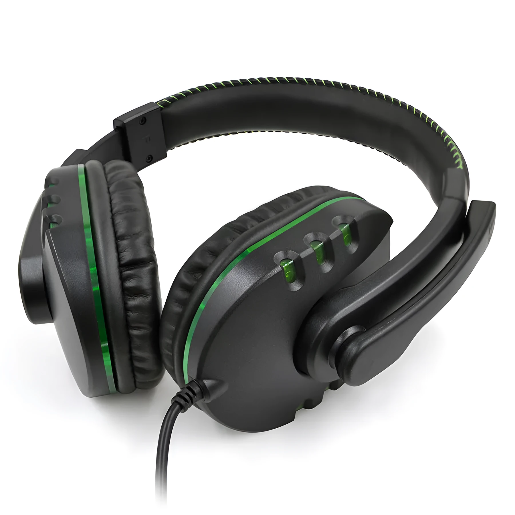 Black AMD-06 wired gaming headset with LED lighting and microphone on a desk