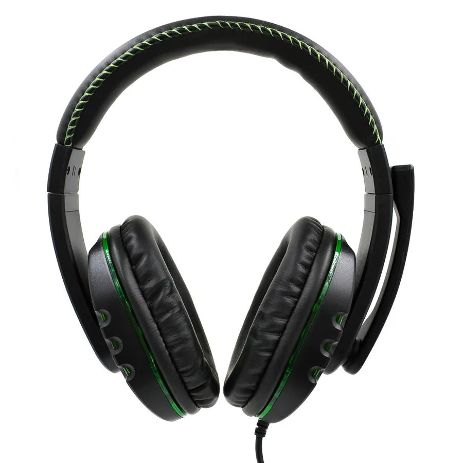 Black AMD-06 wired gaming headset with LED lighting and microphone on a desk