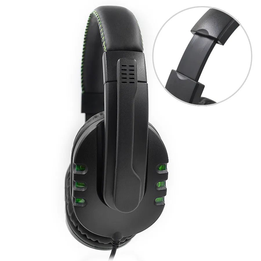 Black AMD-06 wired gaming headset with LED lighting and microphone on a desk