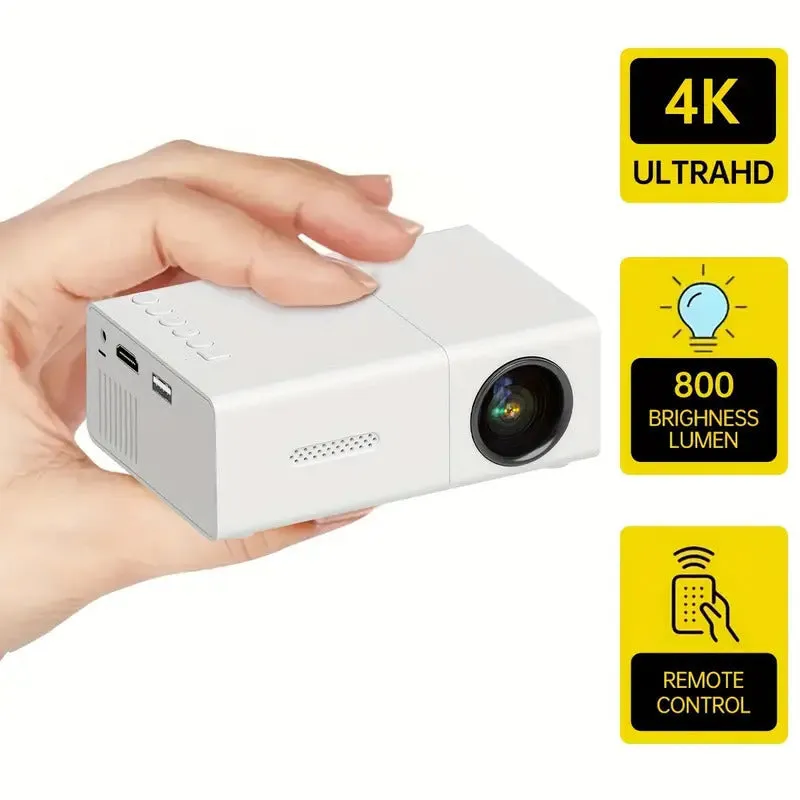 M100 mini home LED projector in black colour showing remote control and power cables