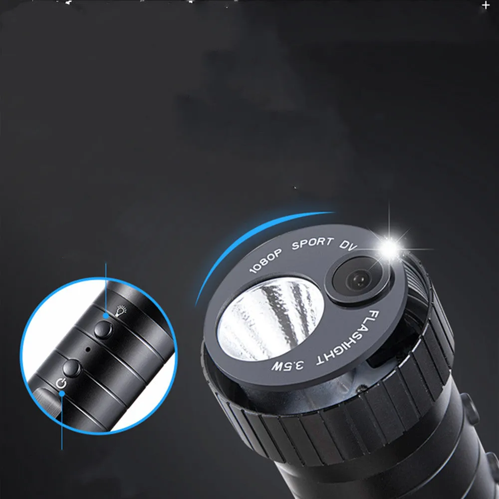 DV3000 flashlight sports camera with black metal body, 120 degree wide angle lens, and 2200mAh battery