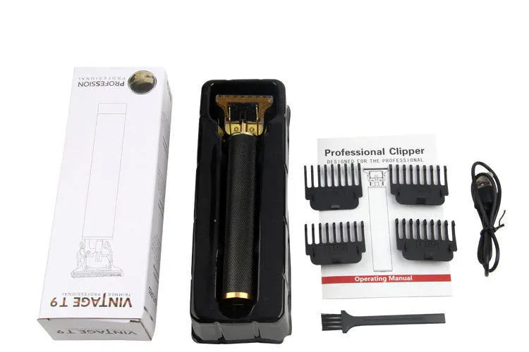 USB charging engraving clipper razor with stainless steel blade and black knurled aluminium shell