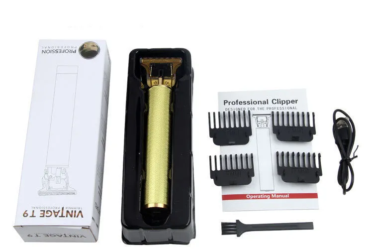 USB charging engraving clipper razor with stainless steel blade and black knurled aluminium shell