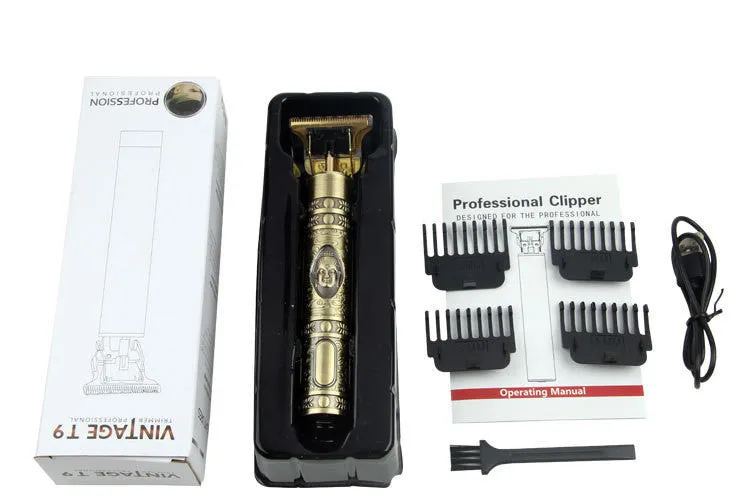 USB charging engraving clipper razor with stainless steel blade and black knurled aluminium shell