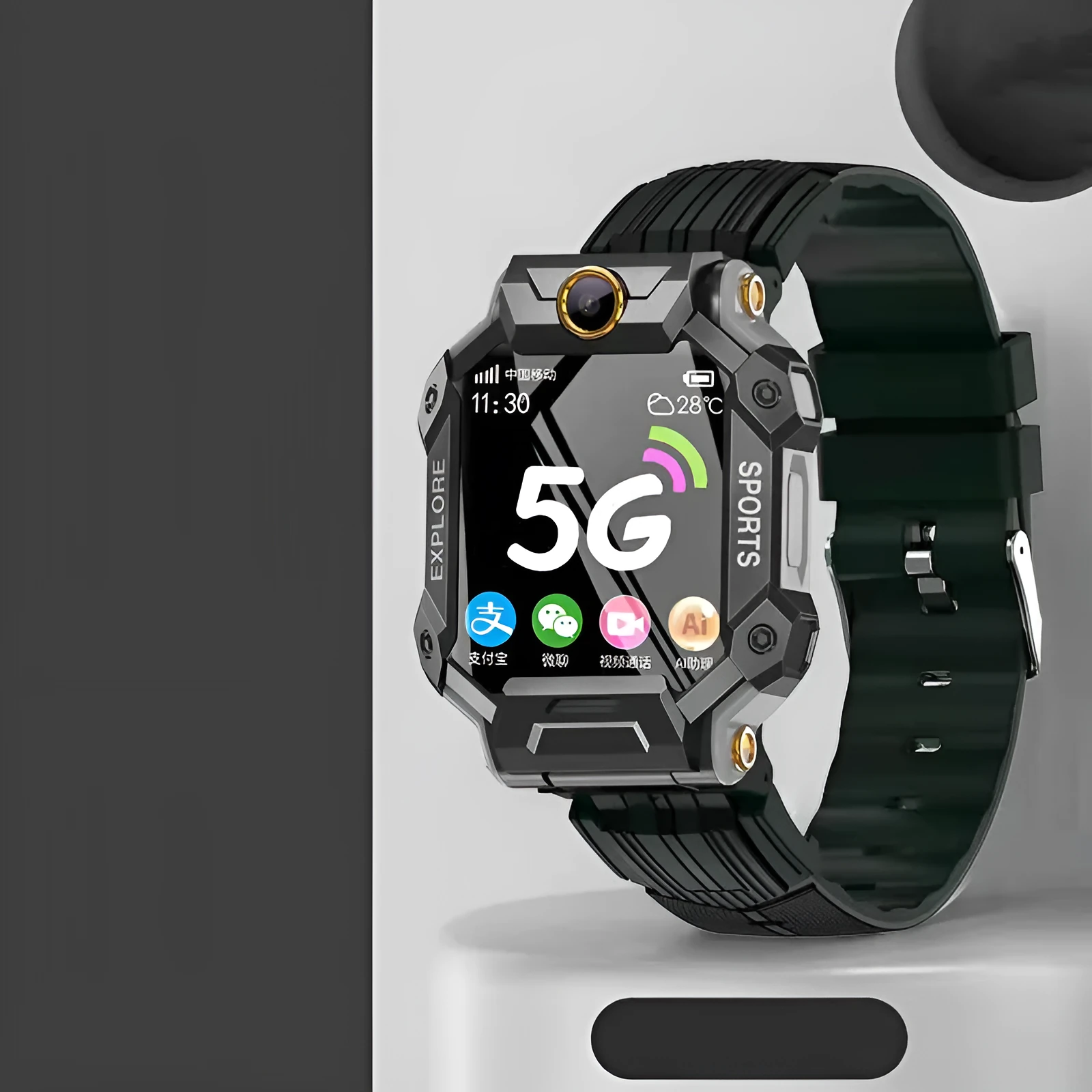 64G Full Netcom video phone watch with dual rotating cameras, 1.4-inch screen, silicone wristband, in black