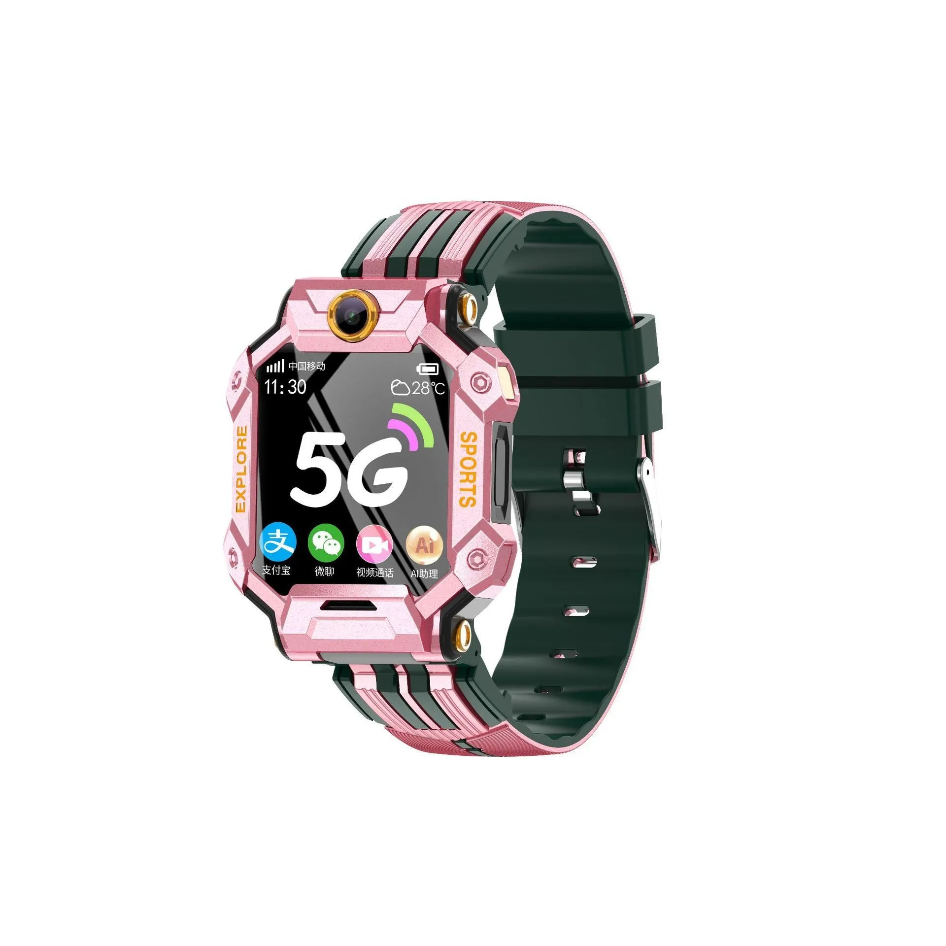 64G Full Netcom video phone watch with dual rotating cameras, 1.4-inch screen, silicone wristband, in black