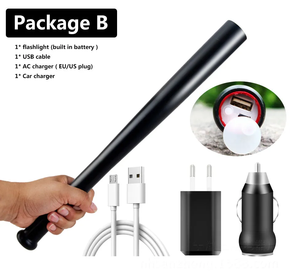 Black torch flashlight with glass lens, Cree XM-L T6 LED, built-in 18650 rechargeable battery and powerbank