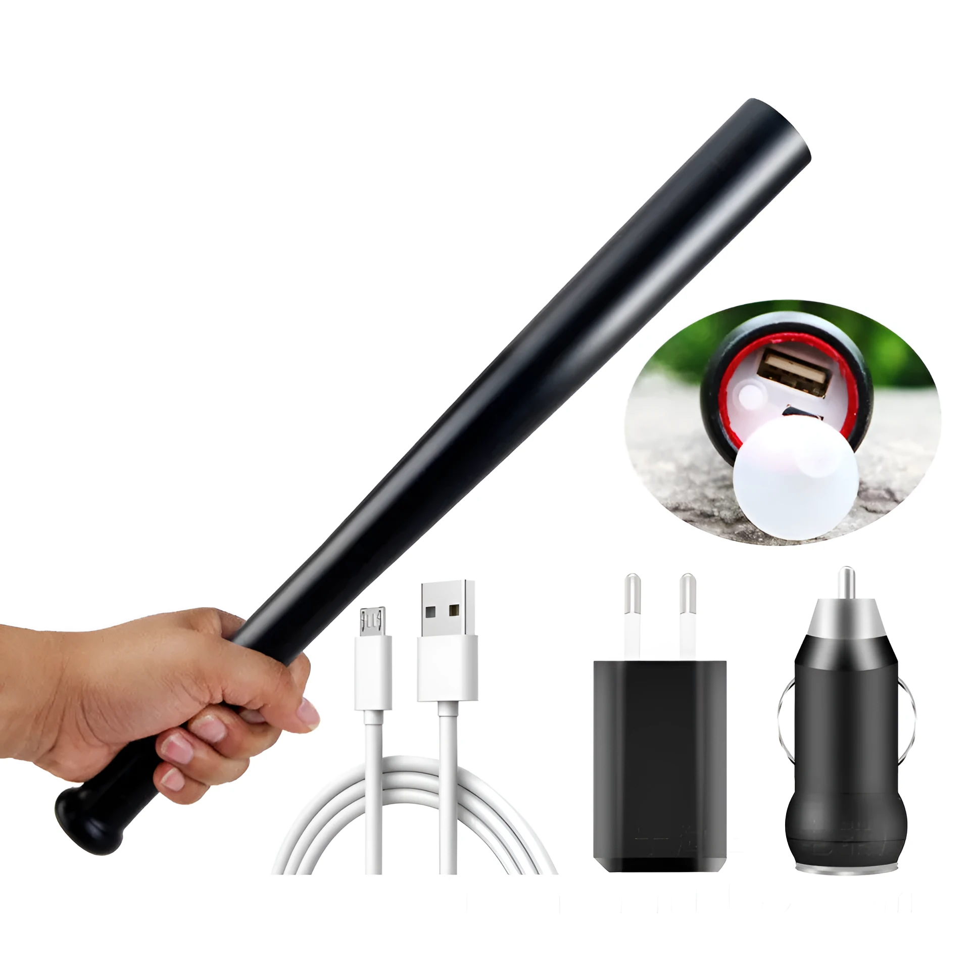Black torch flashlight with glass lens, Cree XM-L T6 LED, built-in 18650 rechargeable battery and powerbank