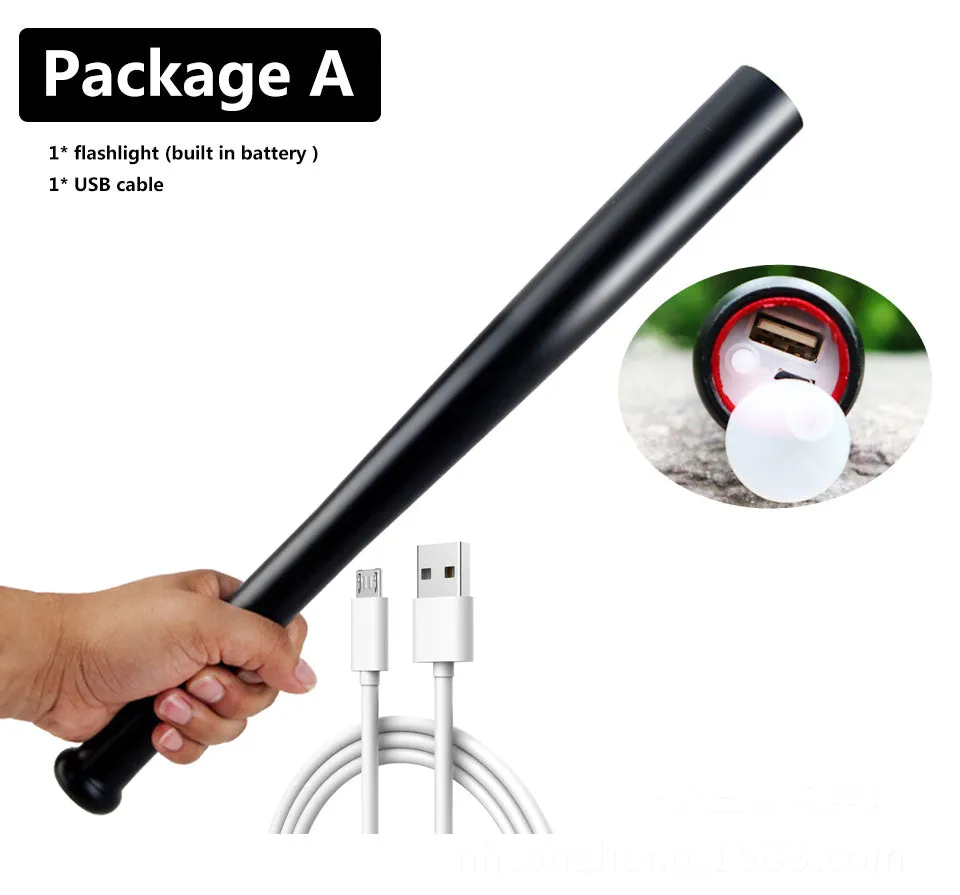 Black torch flashlight with glass lens, Cree XM-L T6 LED, built-in 18650 rechargeable battery and powerbank