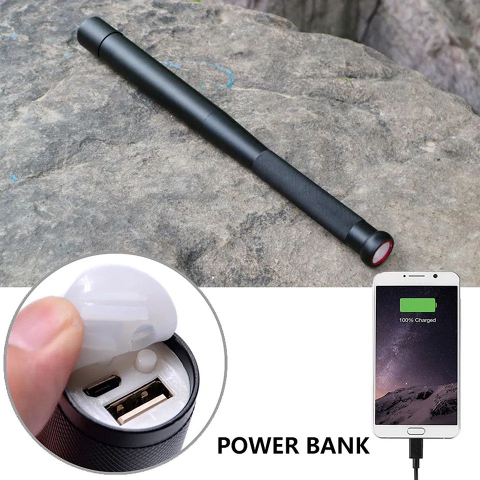 Black torch flashlight with glass lens, Cree XM-L T6 LED, built-in 18650 rechargeable battery and powerbank