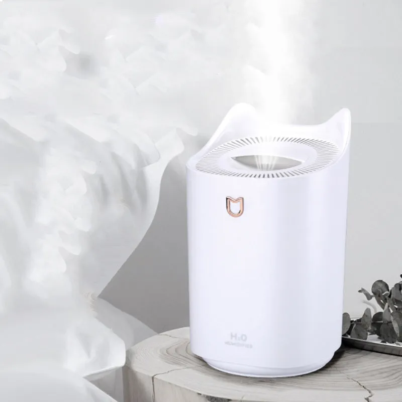Coral Pink and Glacier White USB double spray humidifier with three mist outlets on a table.