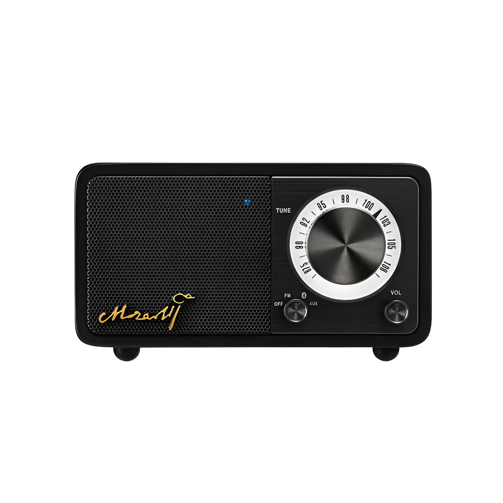 Bluetooth portable speaker with wooden box body in log colour, compact size 115x73x65mm