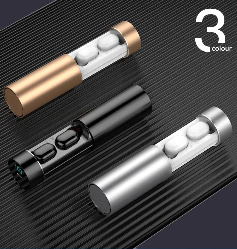 Cylinder earphone TW-A6 wireless earbuds with charging box in Black, Gold, and White colour options
