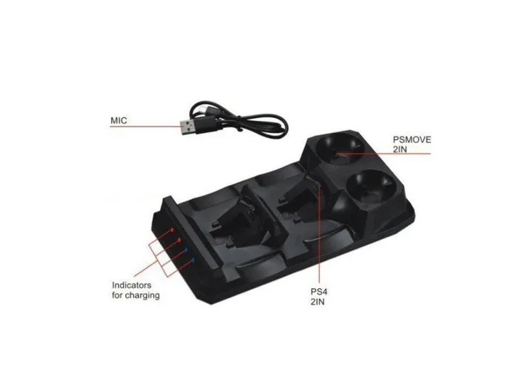 PS4 multifunctional handle charger in black with four slots for PS4 and PSmove controllers and Micro USB cable