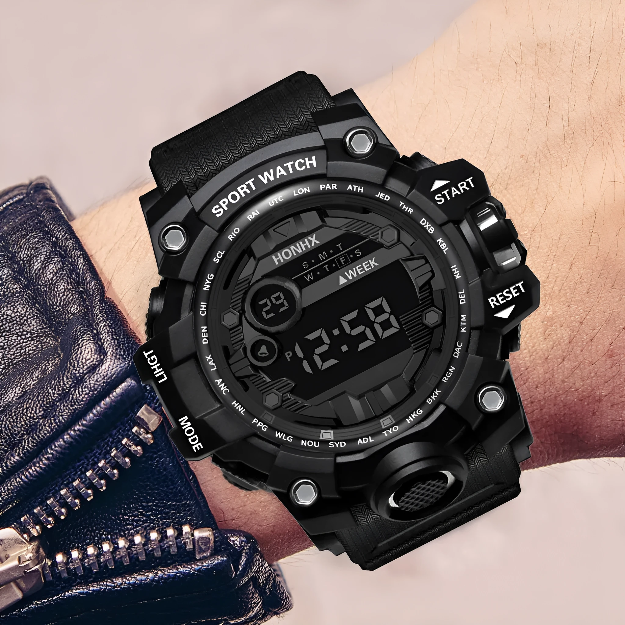 Men's student multi-function electronic watch 55mm round resin case PU strap luminous display sports style