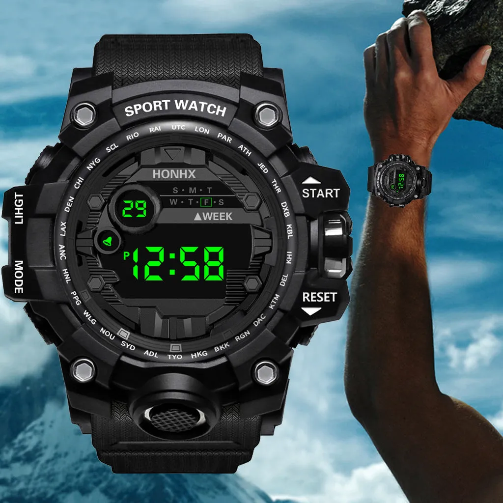 Men's student multi-function electronic watch 55mm round resin case PU strap luminous display sports style