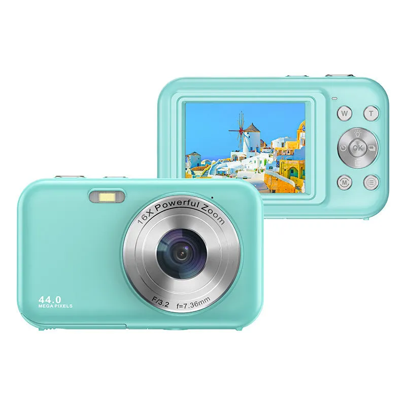Children's digital camera with 44MP sensor and 2.4-inch screen, shown in black, green, pink, or purple.