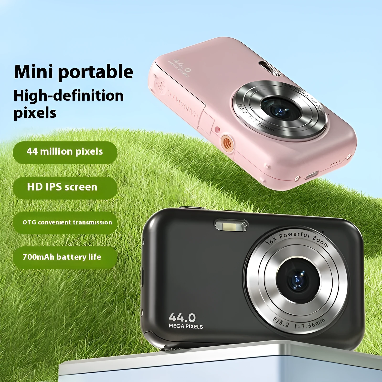 Children's digital camera with 44MP sensor and 2.4-inch screen, shown in black, green, pink, or purple.