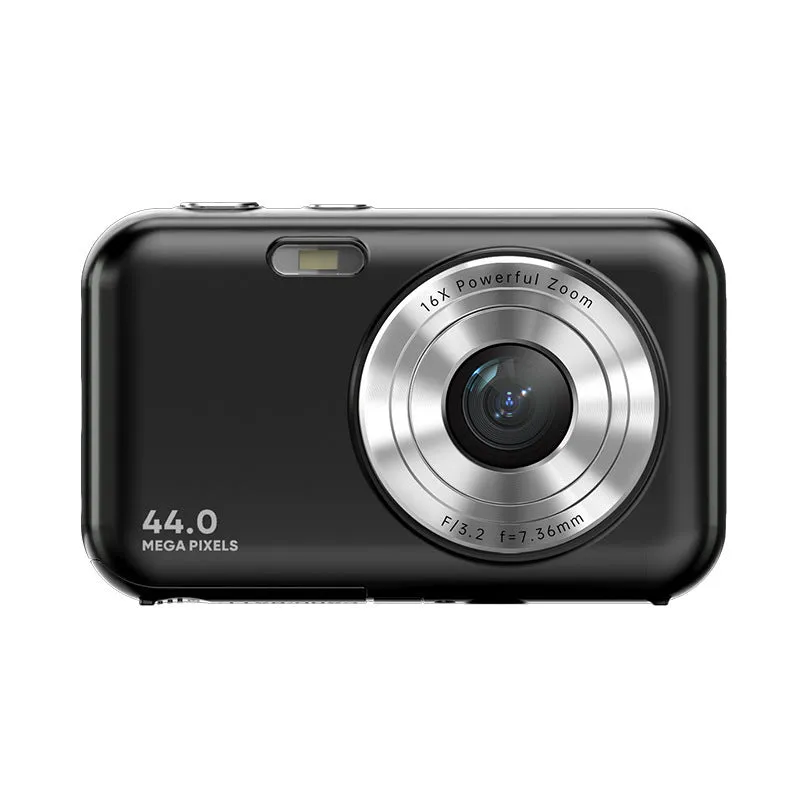 Children's digital camera with 44MP sensor and 2.4-inch screen, shown in black, green, pink, or purple.