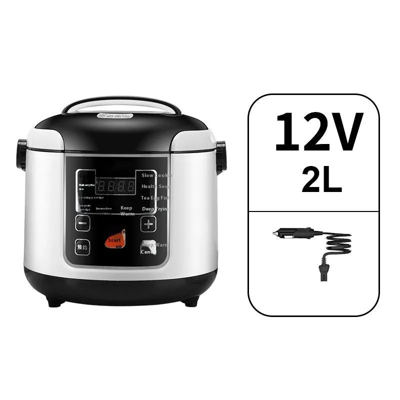 Black vehicle-mounted rice cooker with stainless steel inner pot, 2L capacity, for 12V and 24V use