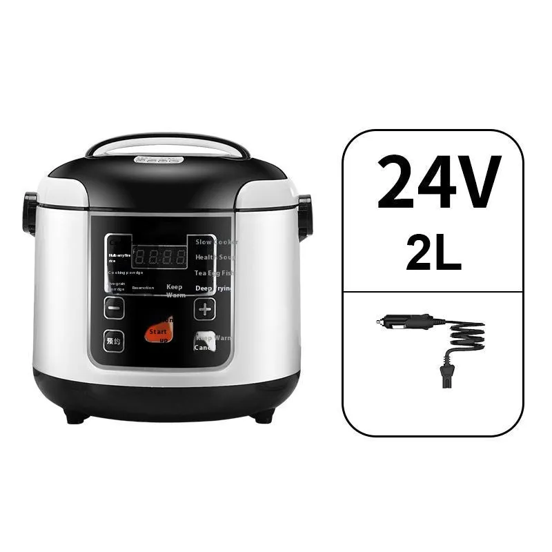 Black vehicle-mounted rice cooker with stainless steel inner pot, 2L capacity, for 12V and 24V use