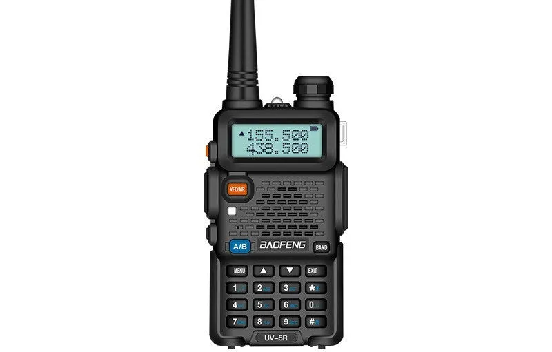 Baofeng UV5R portable walkie talkie in black plastic with antenna and belt clip