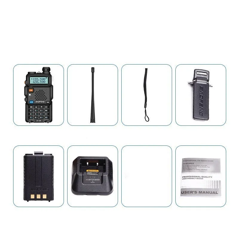 Baofeng UV5R portable walkie talkie in black plastic with antenna and belt clip