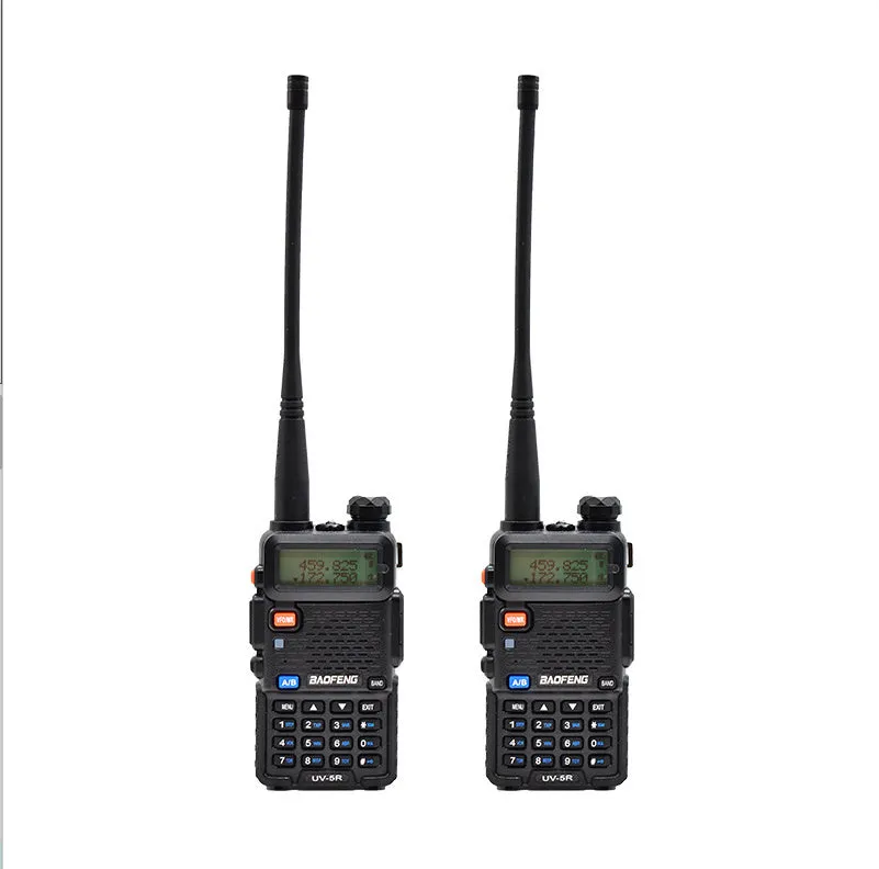 Baofeng UV5R portable walkie talkie in black plastic with antenna and belt clip